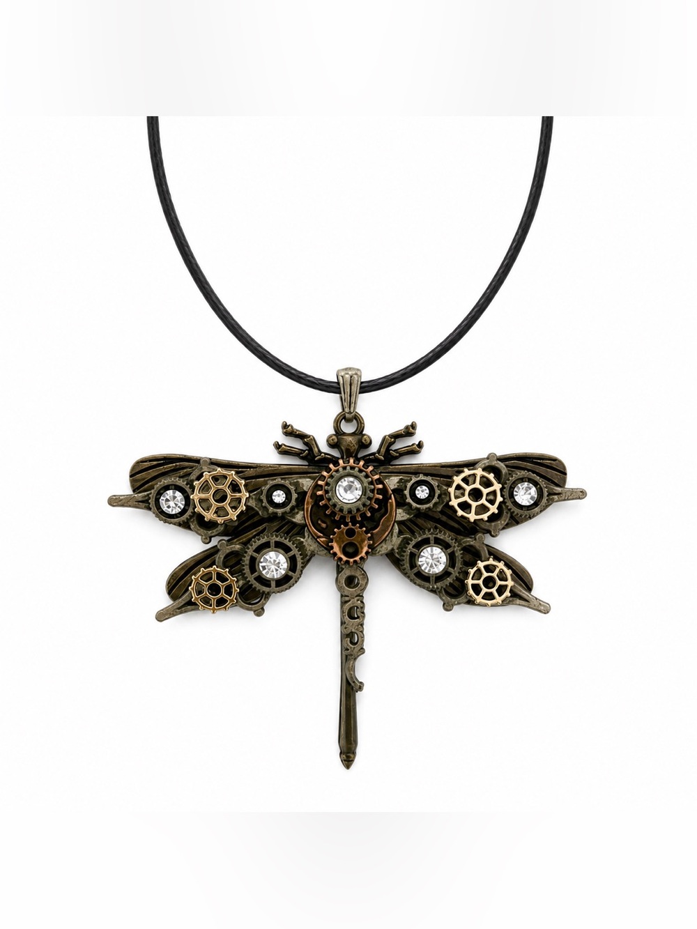Steampunk Dragonfly Statement Necklace Metal Gears Rhinestone Gothic